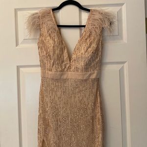 Rose Gold Deep V neck long gown. Never been worn Feather shoulder accents
